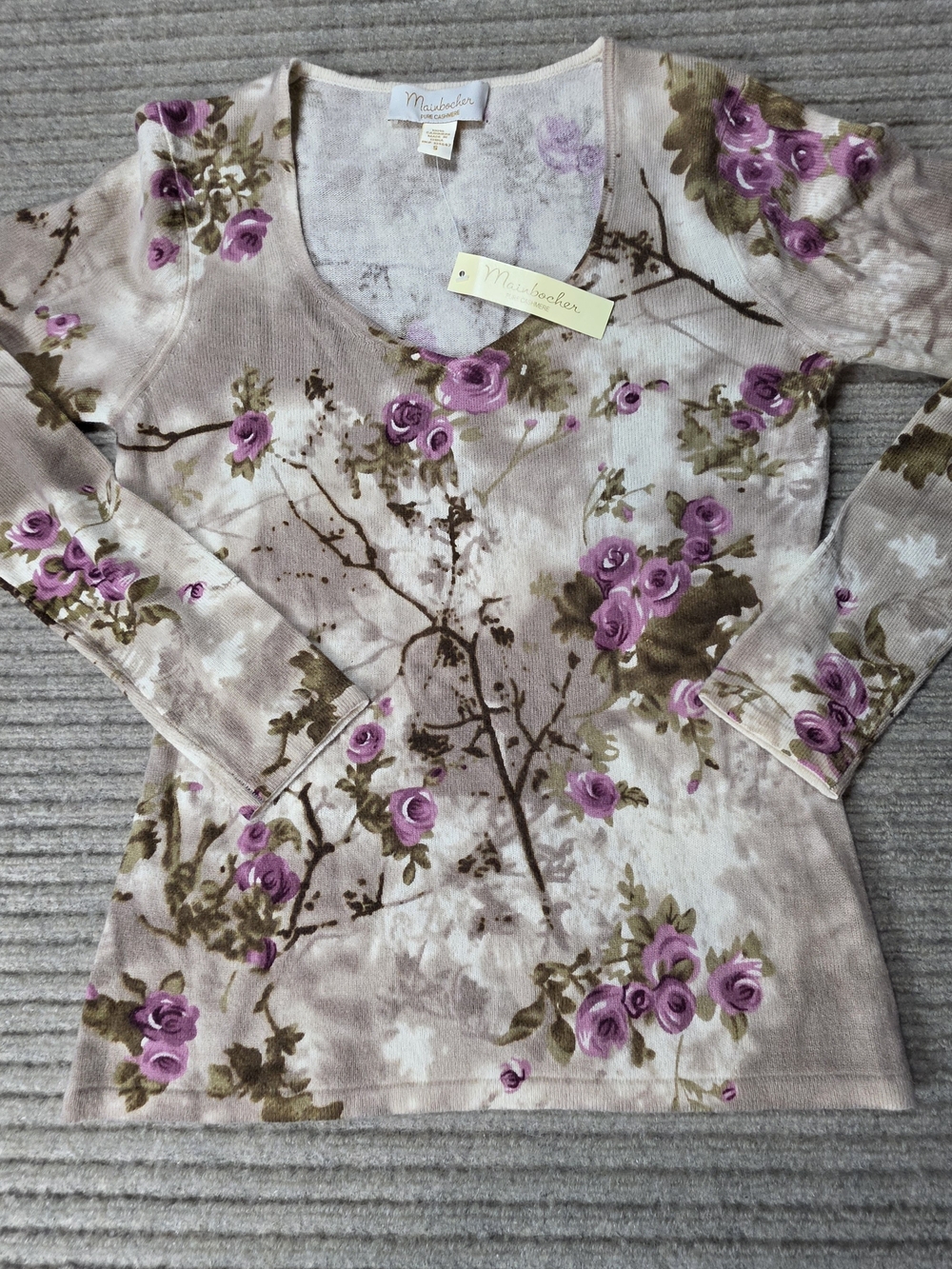 MAINBOCHER Womens 100% Cashmere Tan Pullover Sweater Purple Floral Small NWT